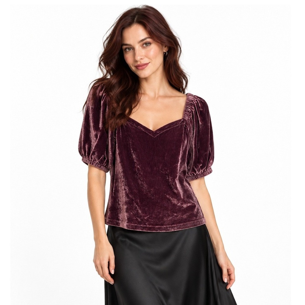 Velvet Puff Sleeve Top S Mauve Sweetheart Neck Romantic Renaissance Coquette